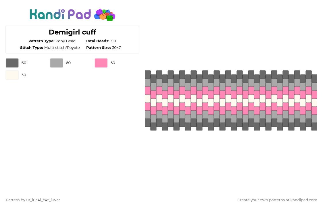 Demigirl cuff - Pony Bead Pattern by ur_l0c4l_c4t_l0v3r on Kandi Pad - gray,beige,pink,demigirl,demi girl,lgbt,lgbtq