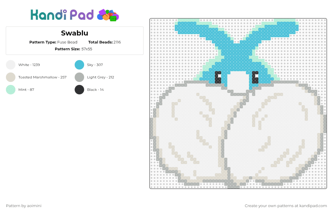 Swablu - Fuse Bead Pattern by aoimini on Kandi Pad - white,light blue,beige,pokemon
