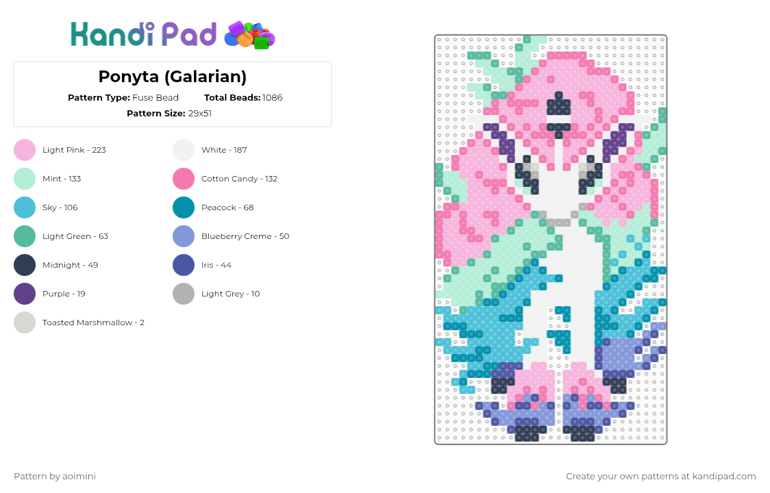 Ponyta (Galarian) - Fuse Bead Pattern by aoimini on Kandi Pad - light blue,pink,pokemon,ponyta