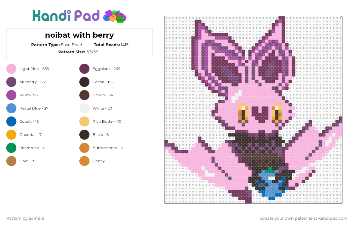 noibat_with_berry - Fuse Bead Pattern by aoimini on Kandi Pad - pink,pokemon