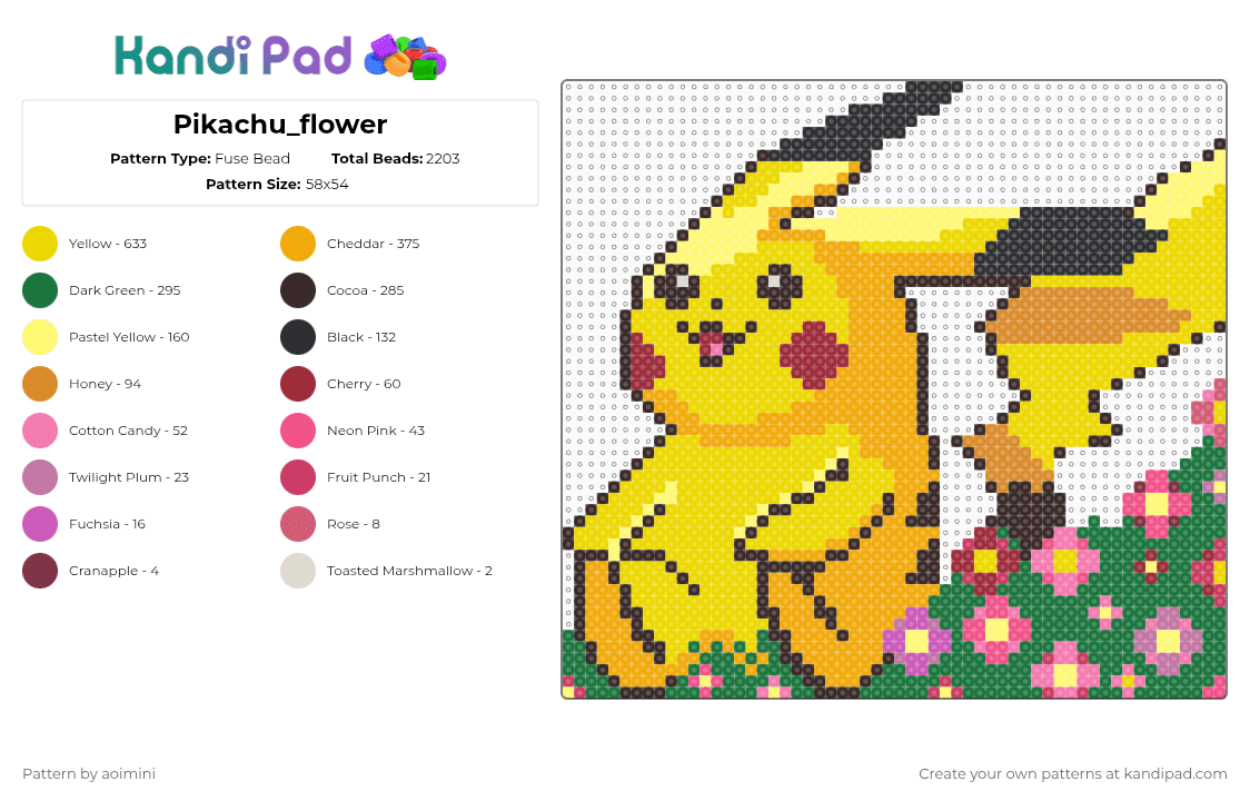 Pikachu_flower - Fuse Bead Pattern by aoimini on Kandi Pad - yellow,orange,brown,green,pokemon,pikachu,flower,nature