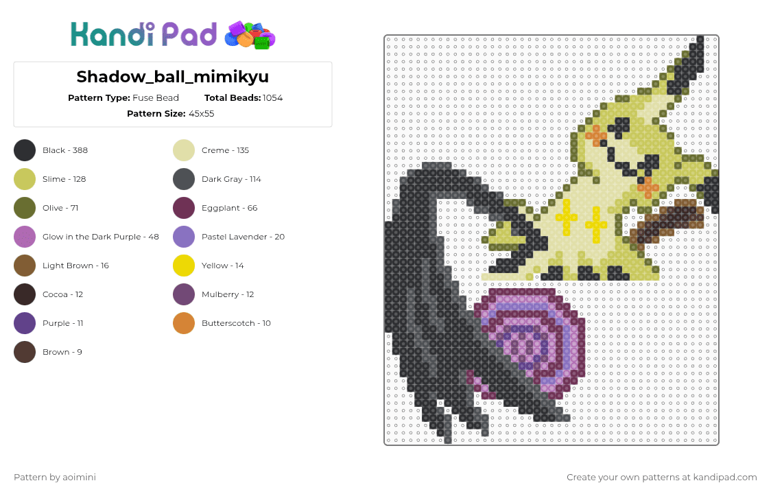 Shadow_ball_mimikyu - Fuse Bead Pattern by aoimini on Kandi Pad - green,yellow,gray,pink,colorful,pokemon,mimikyu