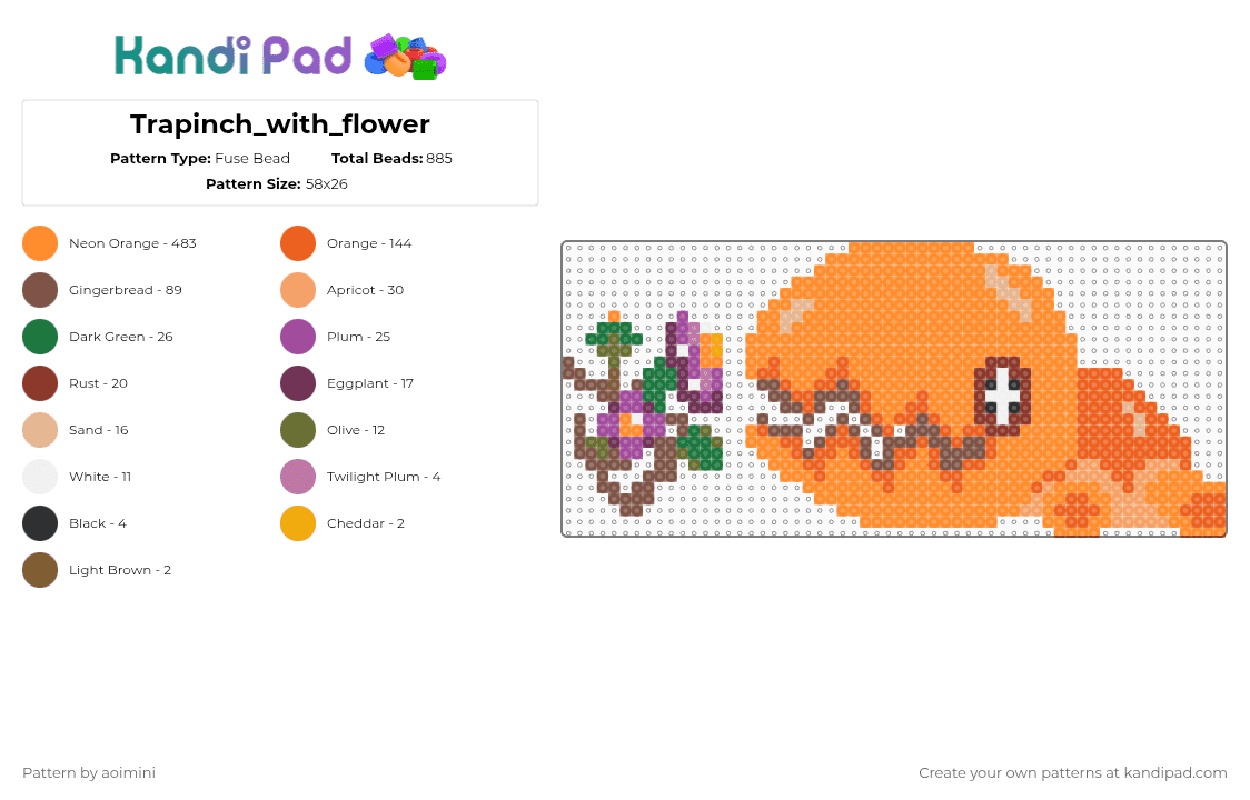 Trapinch_with_flower - Fuse Bead Pattern by aoimini on Kandi Pad - orange,pokemon,nature,trapinch