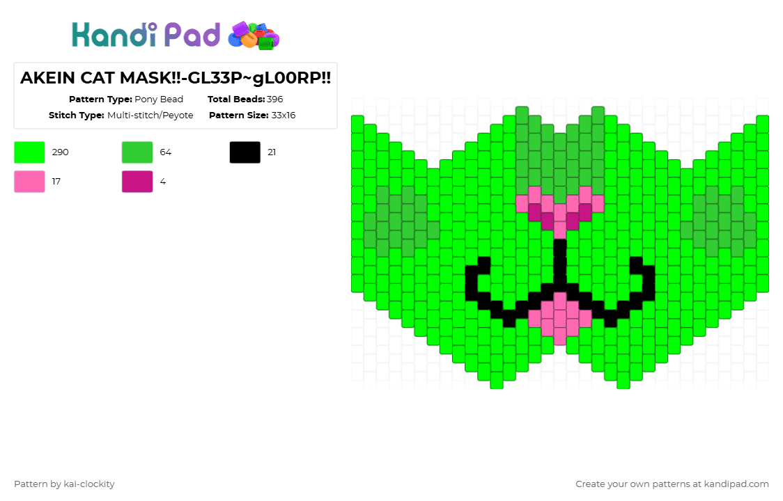 AKEIN CAT MASK!!-GL33P~gL00RP!! - Pony Bead Pattern by sag3-da-pl4nt on Kandi Pad - green
