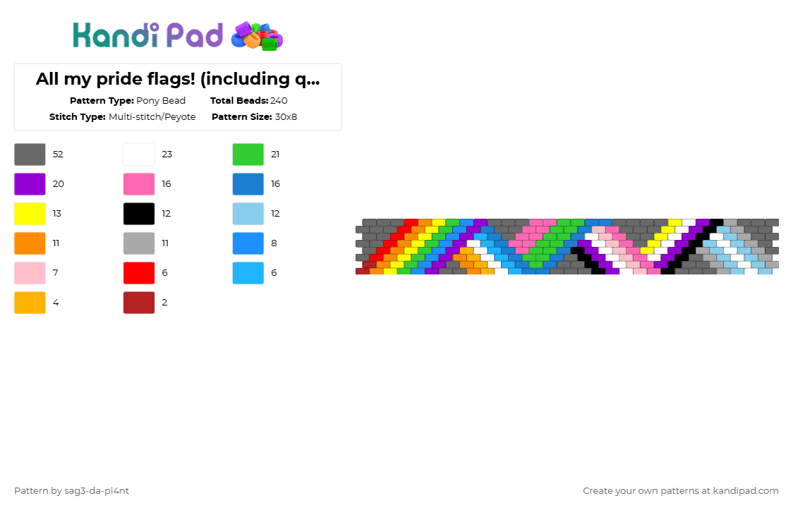 All my pride flags! (including queer)-QUEER,AROACE,POLYSEXUAL,GENDERFLUID,NON-BINARY, AND DEMIBOY - Pony Bead Pattern by sag3-da-pl4nt on Kandi Pad - gray,light blue,pink,colorful