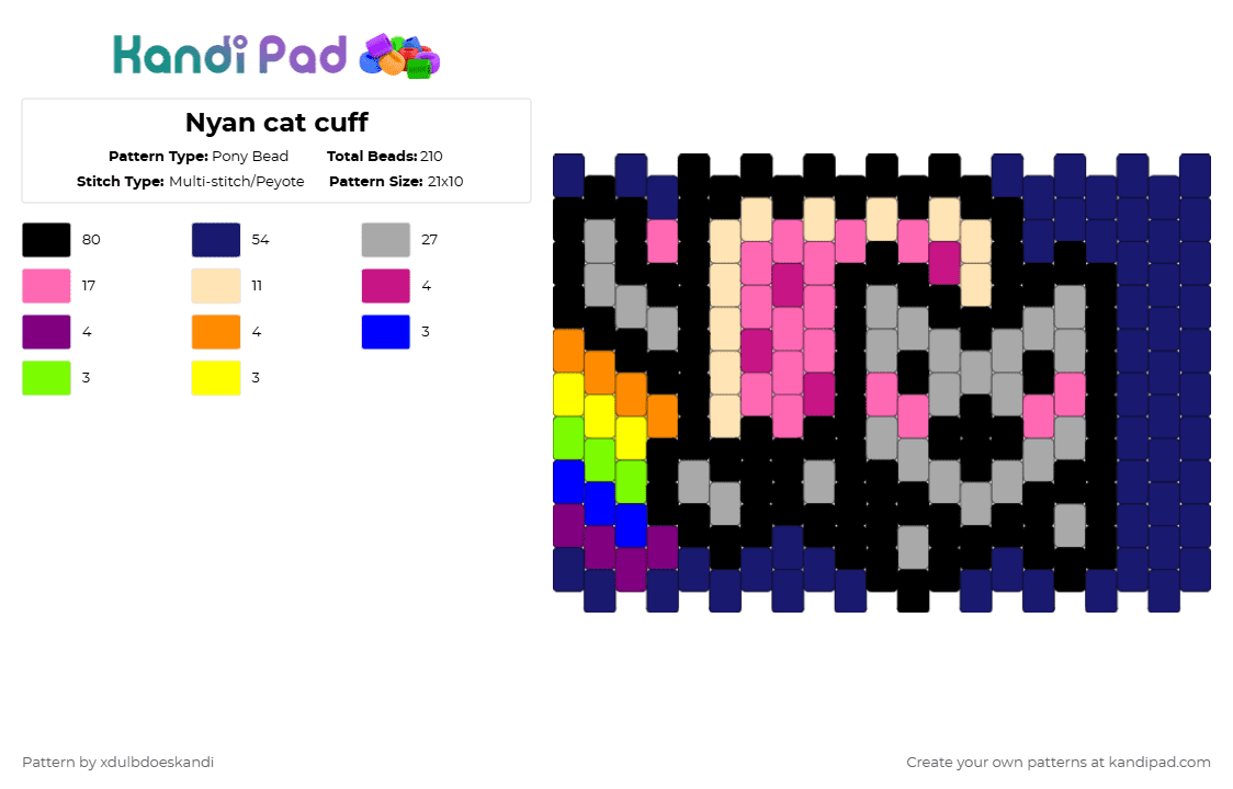 Nyan cat cuff - Pony Bead Pattern by xdulbdoeskandi on Kandi Pad - pink,beige,purple