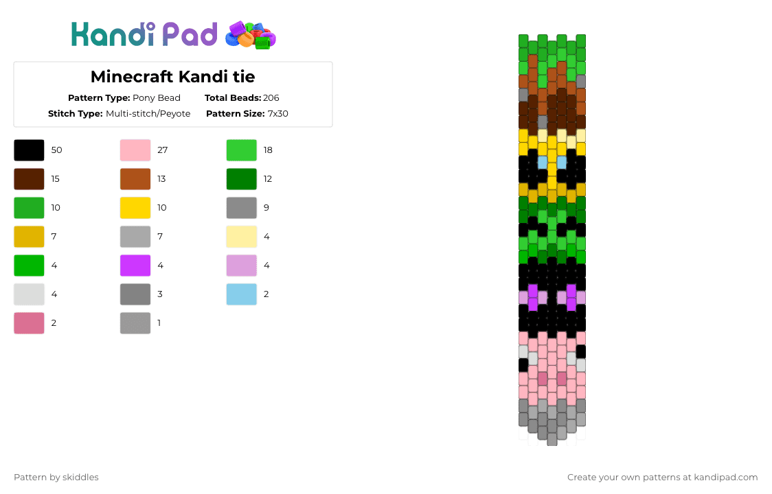 Minecraft Kandi tie - Pony Bead Pattern by skiddles on Kandi Pad - green,brown,yellow,pink