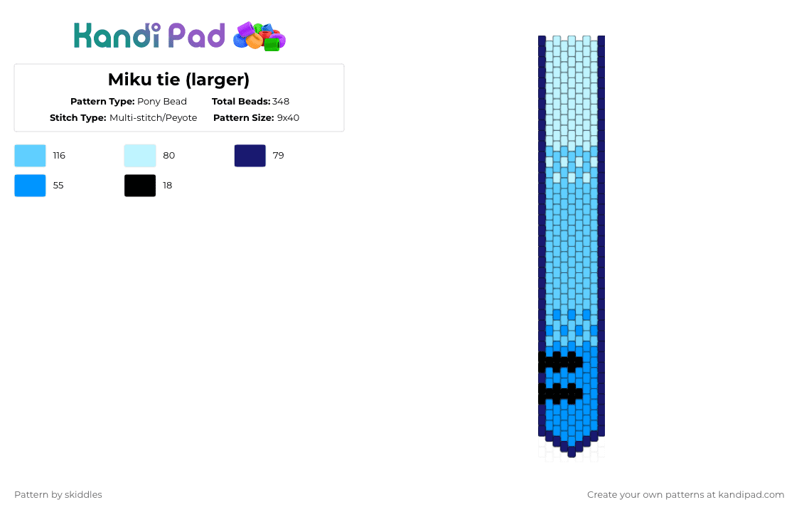 Miku tie (larger) - Pony Bead Pattern by skiddles on Kandi Pad - light blue,blue,miku,vocaloid,tie,beads