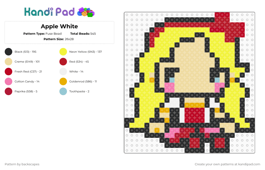Apple White - Fuse Bead Pattern by backscapes on Kandi Pad - red,yellow,beige,ever after high,apple white,character,raven queen,eah,snow white,apple