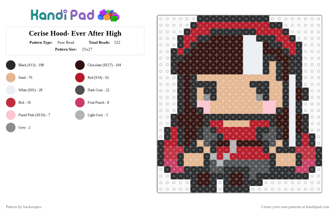 Cerise Hood- Ever After High - Fuse Bead Pattern by backscapes on Kandi Pad - brown,red,beige,everafterhigh,eah,cerisehood,cerise,littleredridinghood,littlered