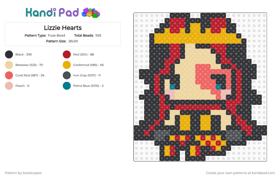 Lizzie Hearts - Fuse Bead Pattern by backscapes on Kandi Pad - black,beige,red,orange,eah,ever after high,hearts