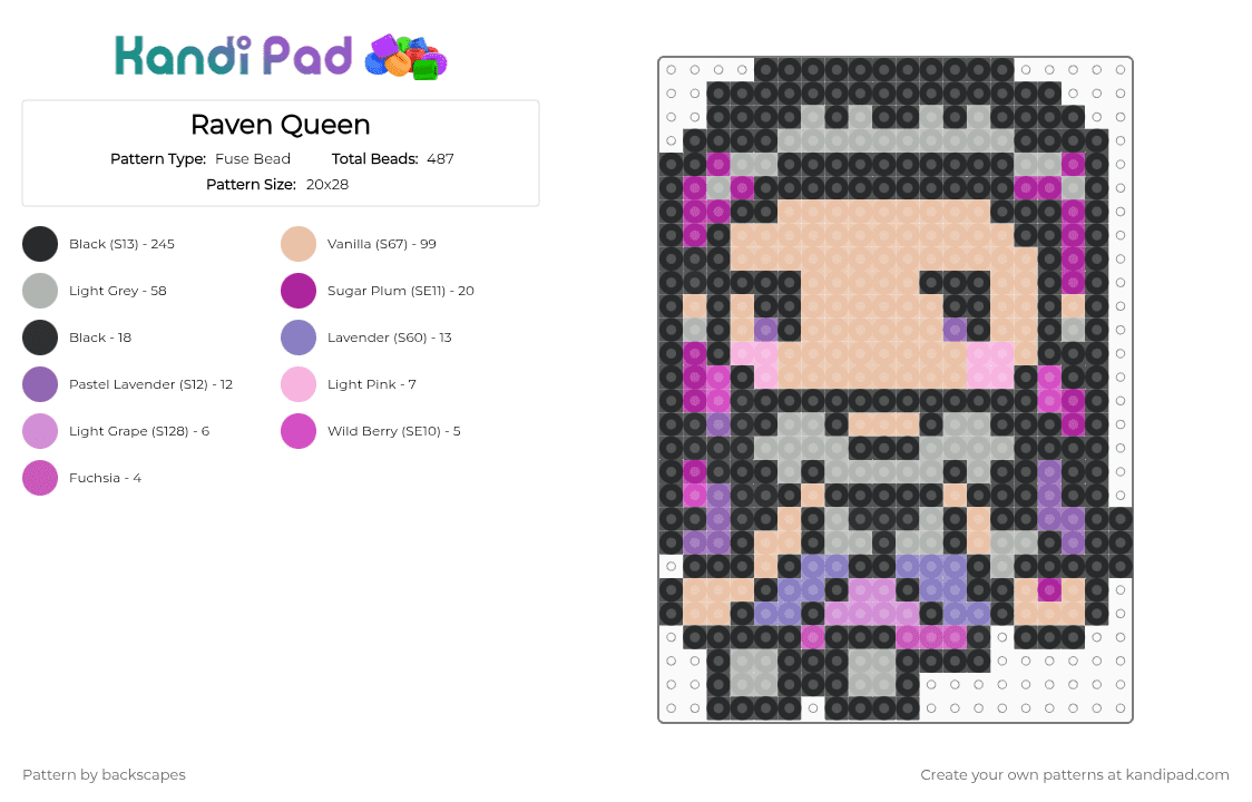 Raven Queen - Fuse Bead Pattern by backscapes on Kandi Pad - beige,pink,ever after high,eah,raven queen,apple white,maddie hatter,evil queen,purple,raven