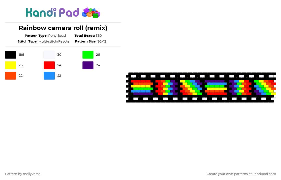 Rainbow camera roll (remix) - Pony Bead Pattern by mollyverse on Kandi Pad - black,red,film strip,rainbow,even stich,peyote