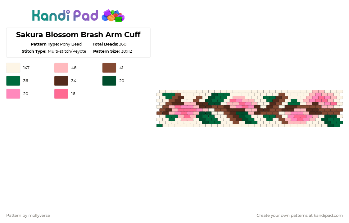 Sakura Blossom Branch Arm Cuff - Pony Bead Pattern by mollyverse on Kandi Pad - white,green,beige,colorful,flowers,trees,peyote