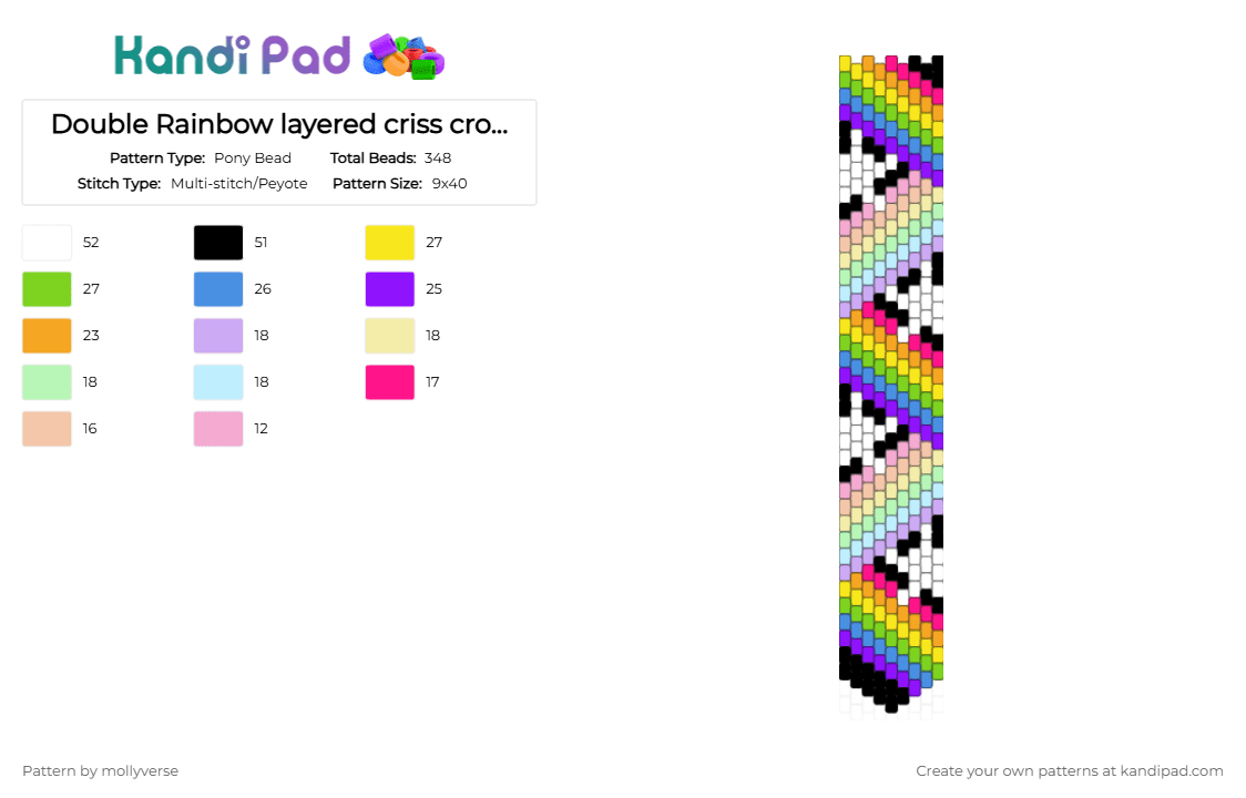 Double Rainbow layered criss cross with stars - Pony Bead Pattern by mollyverse on Kandi Pad - pink,yellow,green,light blue,peyote