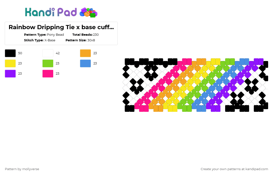 Rainbow Dripping Tie x base cuff ver! - Pony Bead Pattern by mollyverse on Kandi Pad - yellow,light blue,pink,colorful,rainbow,hearts,x base