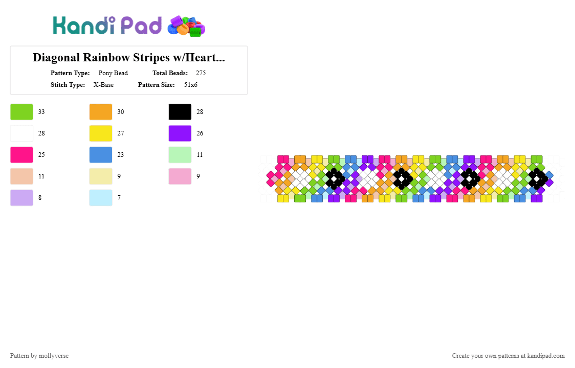Diagonal Rainbow Stripes w/Hearts Dotted - Pony Bead Pattern by mollyverse on Kandi Pad - light blue,yellow,pink,colorful,x base