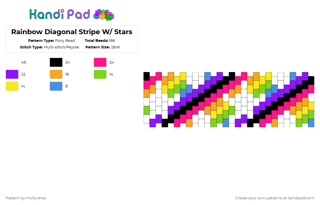 Rainbow Diagonal Stripe W/ Stars - Pony Bead Pattern by mollyverse on Kandi Pad - purple,pink,orange,rainbow,stars,multistich