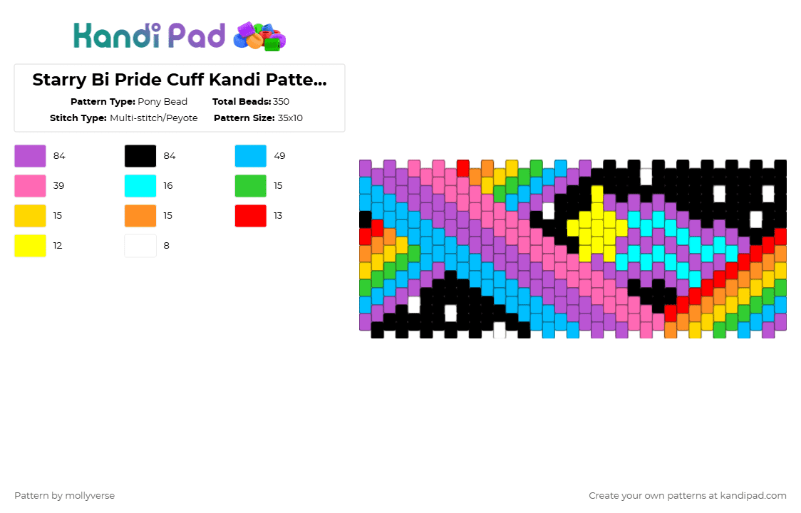 Starry Bi Pride Cuff Kandi Pattern by Serophim - Pony Bead Pattern by mollyverse on Kandi Pad - pink,light blue,rainbow,stars,space,multistich