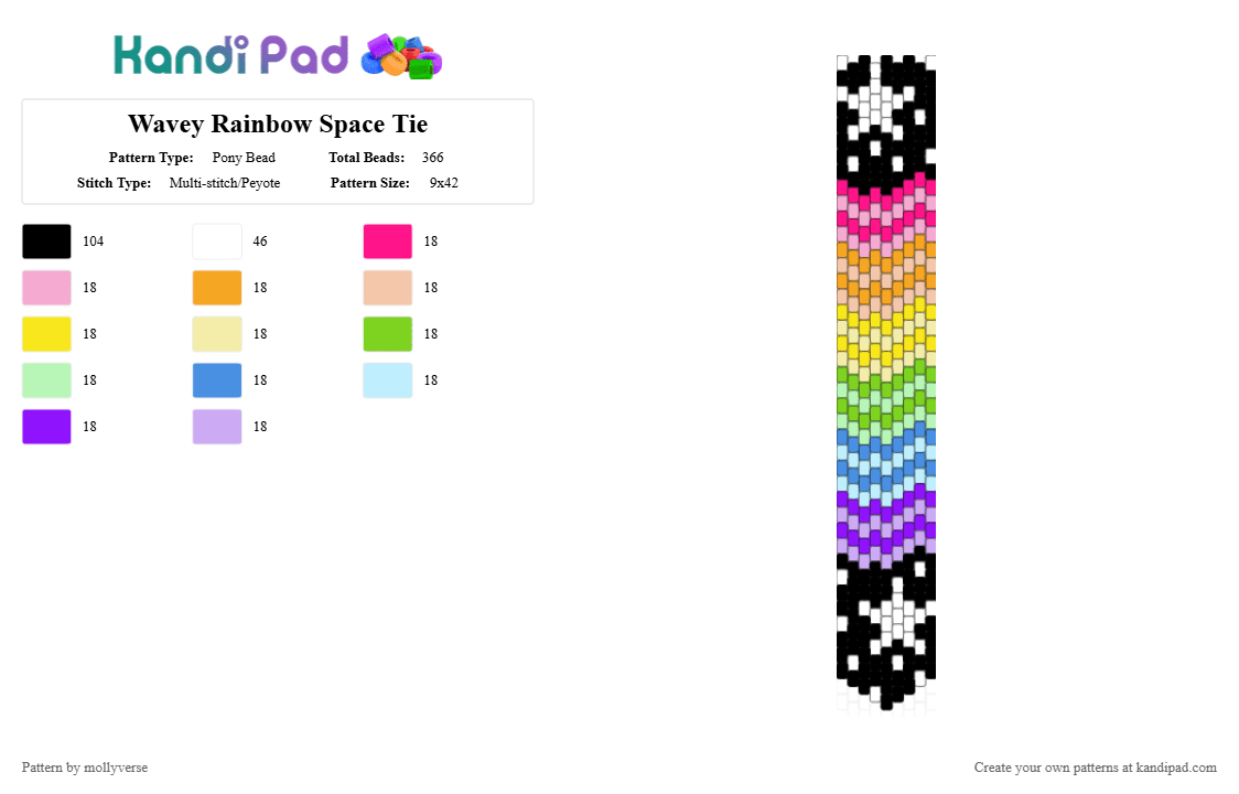 Wavey Rainbow Space Tie longer ver - Pony Bead Pattern by mollyverse on Kandi Pad - pink,yellow,light blue,peyote