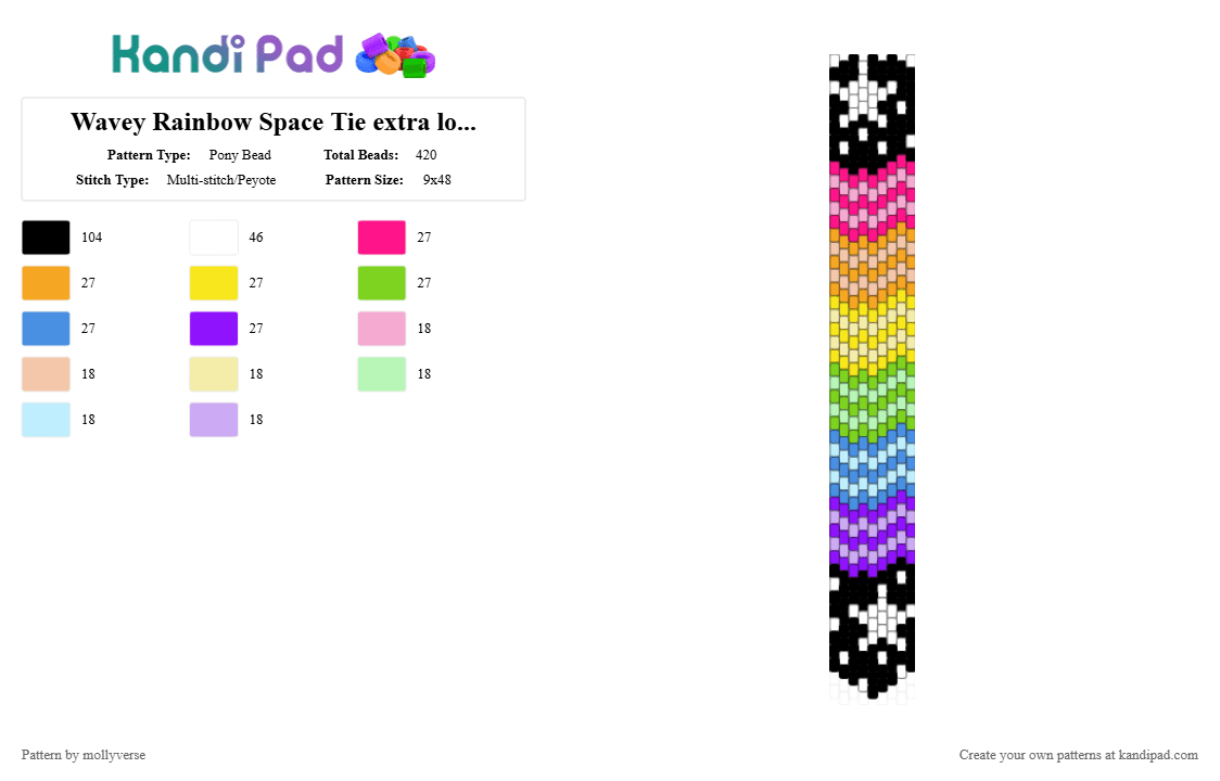 Wavey Rainbow Space Tie extra longer ver - Pony Bead Pattern by mollyverse on Kandi Pad - pink,yellow,light blue,peyote
