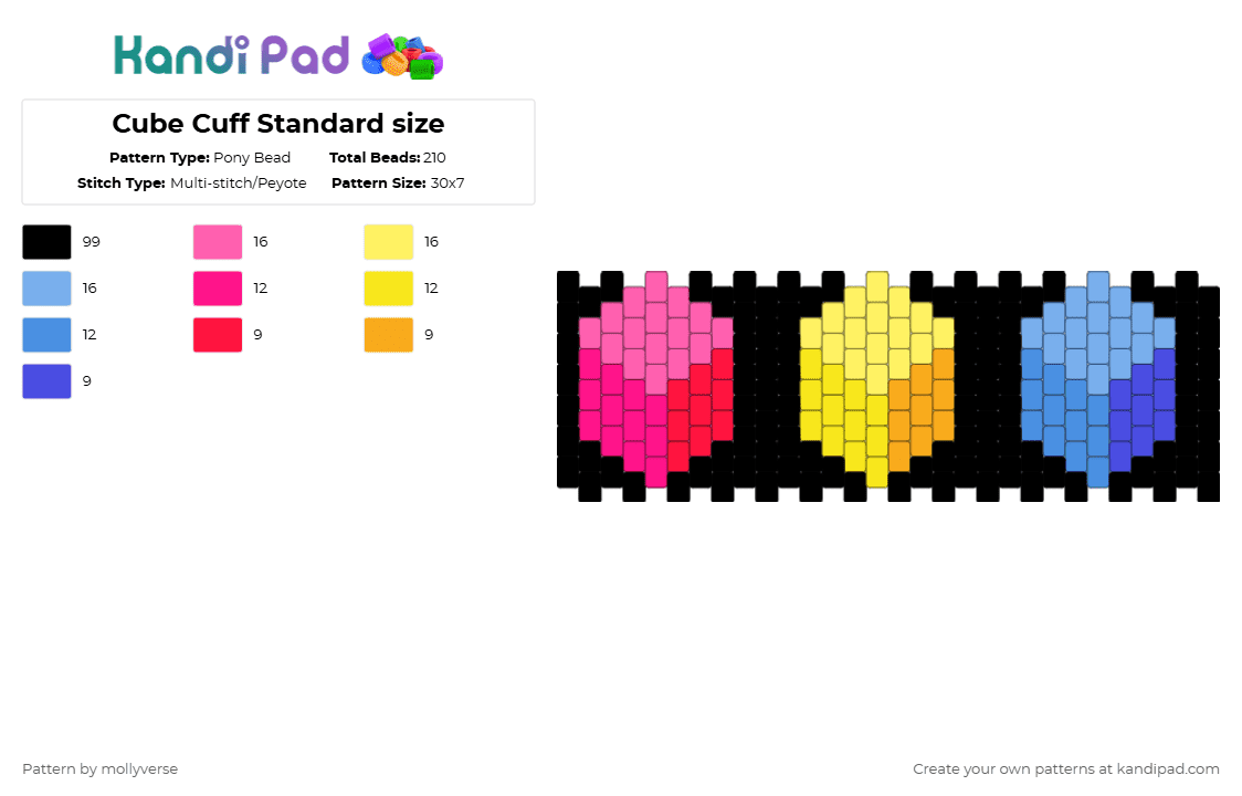 Cube Cuff Standard size - Pony Bead Pattern by mollyverse on Kandi Pad - black,pink,yellow,light blue,cube,multistich
