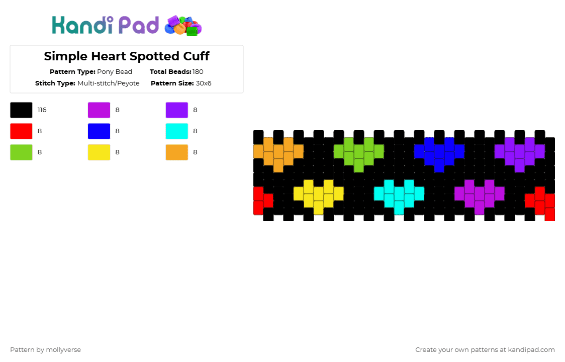 Simple Heart Spotted Cuff - Pony Bead Pattern by mollyverse on Kandi Pad - black,purple,hearts,multistich