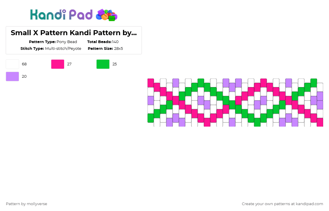 Small X Pattern Kandi Pattern by Allegory x Zigzag Peyote Bead Pattern by cowsinthedesert - Pony Bead Pattern by mollyverse on Kandi Pad - pink,green,fusion,multistich