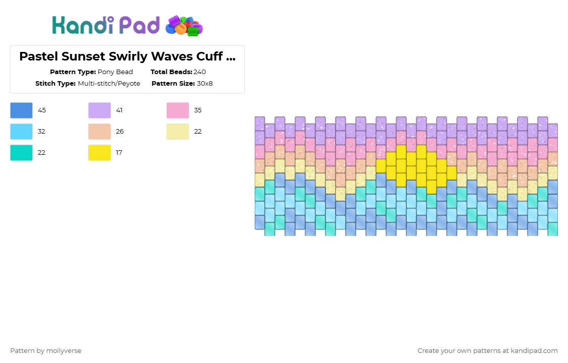 Pastel Sunset Swirly Waves Cuff Smallified - Pony Bead Pattern by mollyverse on Kandi Pad - pink,light blue,sunset,pastel,waves,multistich