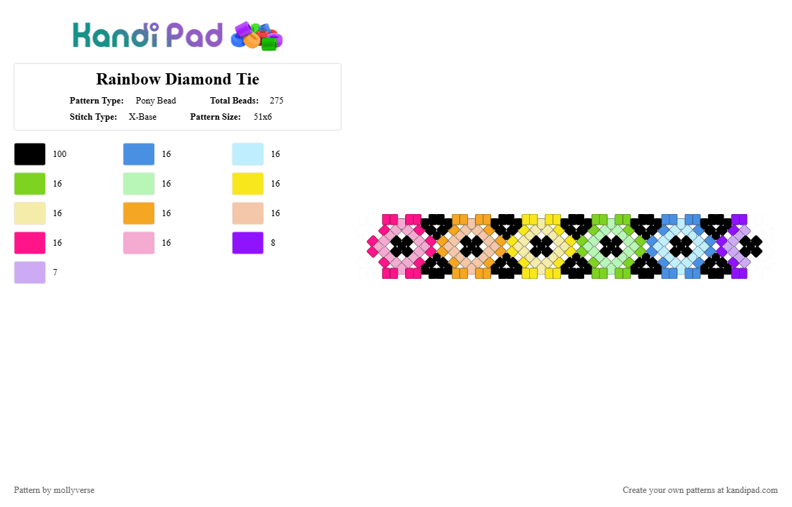 Rainbow Diamond Tie - Pony Bead Pattern by mollyverse on Kandi Pad - pink,light blue,yellow