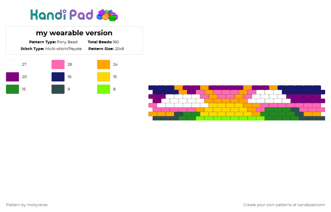 my wearable version - Pony Bead Pattern by mollyverse on Kandi Pad - green,orange,pink