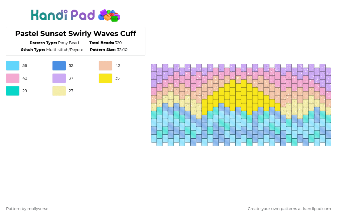 Pastel Sunset Swirly Waves Cuff - Pony Bead Pattern by mollyverse on Kandi Pad - bracelet,light blue,yellow,pink,sunset,pastel,waves,multistich