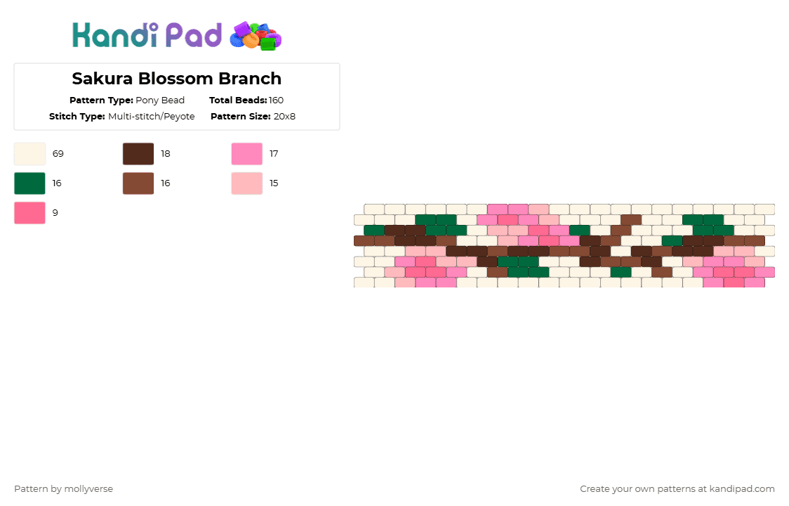 Sakura Blossom Branch - Pony Bead Pattern by mollyverse on Kandi Pad - white,pink,brown,flowers,tree,peyote