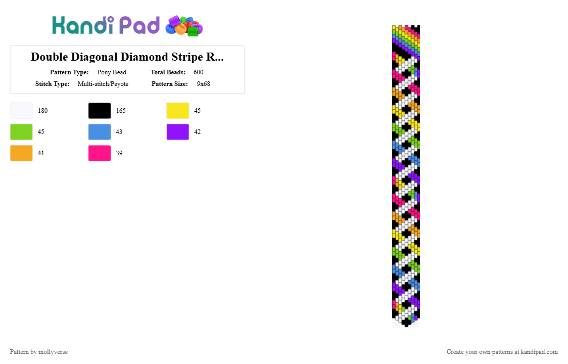 Double Diagonal Diamond Stripe Rainbow Tie longer ver - Pony Bead Pattern by mollyverse on Kandi Pad - white,orange,green,purple,colorful