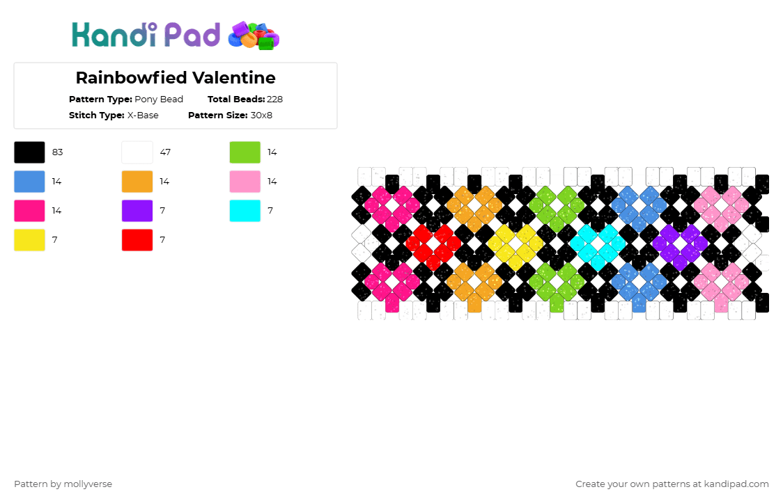 Rainbowfied Valentine - Pony Bead Pattern by mollyverse on Kandi Pad - green,light blue,orange,pink,hearts,x base