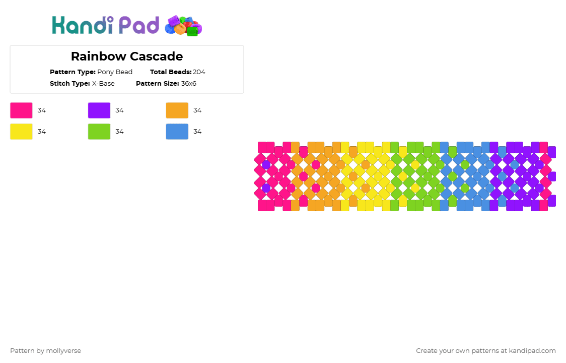 Rainbow Cascade - Pony Bead Pattern by mollyverse on Kandi Pad - purple,yellow,light blue,colorful,rainbow,x base
