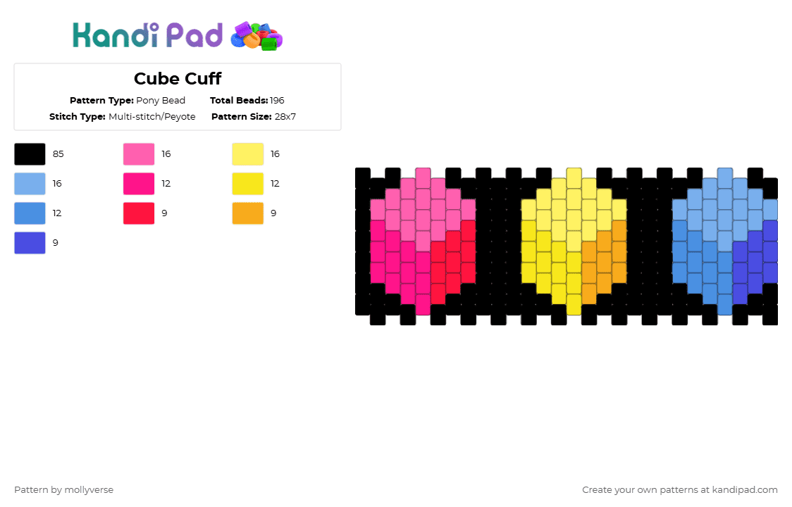 Cube Cuff - Pony Bead Pattern by mollyverse on Kandi Pad - black,pink,yellow,light blue,cube,multistich