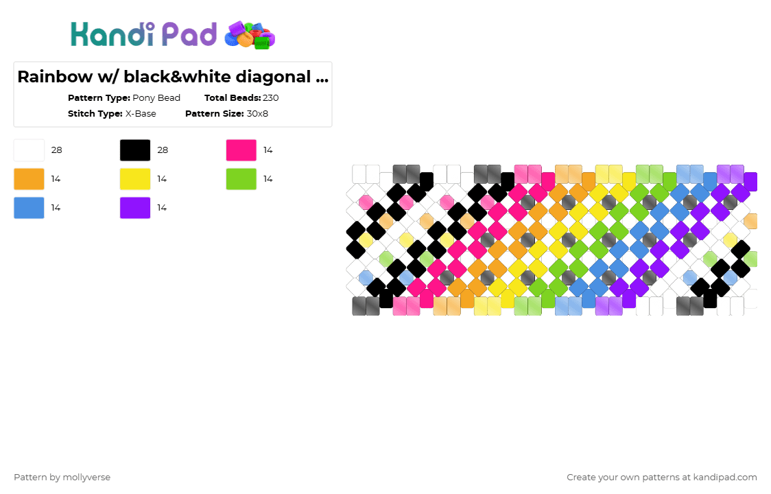 Rainbow w/ black&white diagonal stripes w/dots - Pony Bead Pattern by mollyverse on Kandi Pad - orange,green,colorful,rainbow,x base