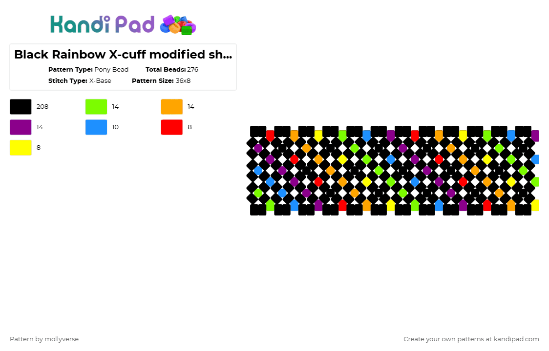 Black Rainbow X-cuff modified shorter - Pony Bead Pattern by mollyverse on Kandi Pad - black,green,orange,pink,rainbow,x base