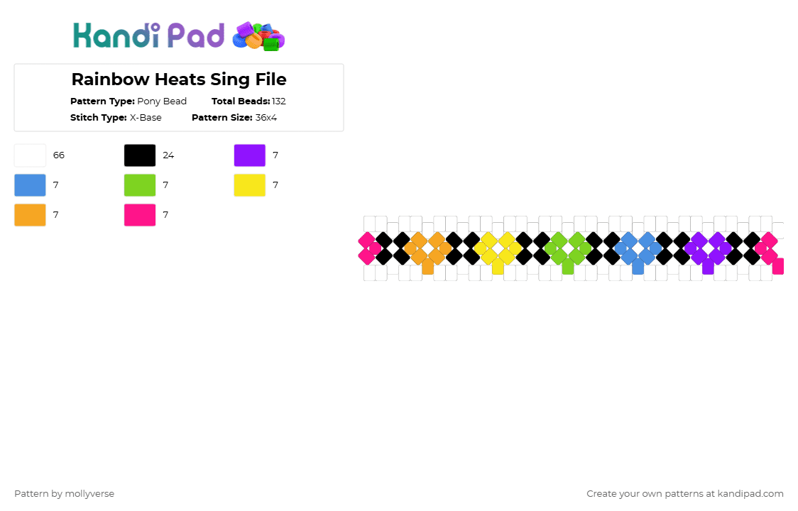 Rainbow Heats Single File - Pony Bead Pattern by mollyverse on Kandi Pad - white,light blue,yellow,pink,colorful,rainbow,hearts,x base