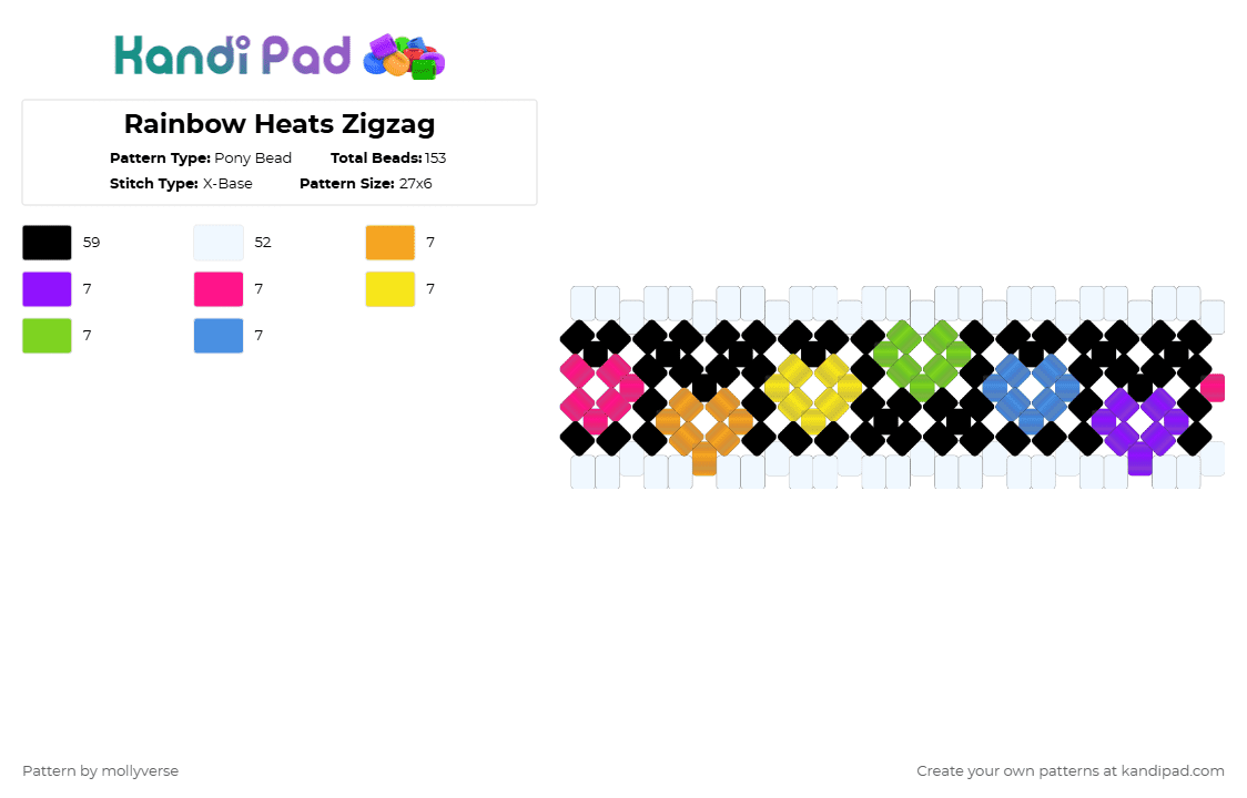 Rainbow Heats Zigzag - Pony Bead Pattern by mollyverse on Kandi Pad - white,purple,yellow,light blue,colorful,hearts,rainbow,x base