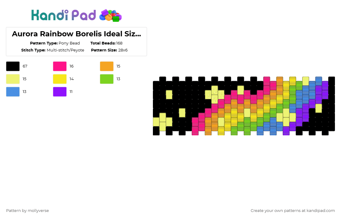 Aurora Rainbow Borelis Ideal Size Cuff - Pony Bead Pattern by mollyverse on Kandi Pad - pink,yellow,space,stars,multistich