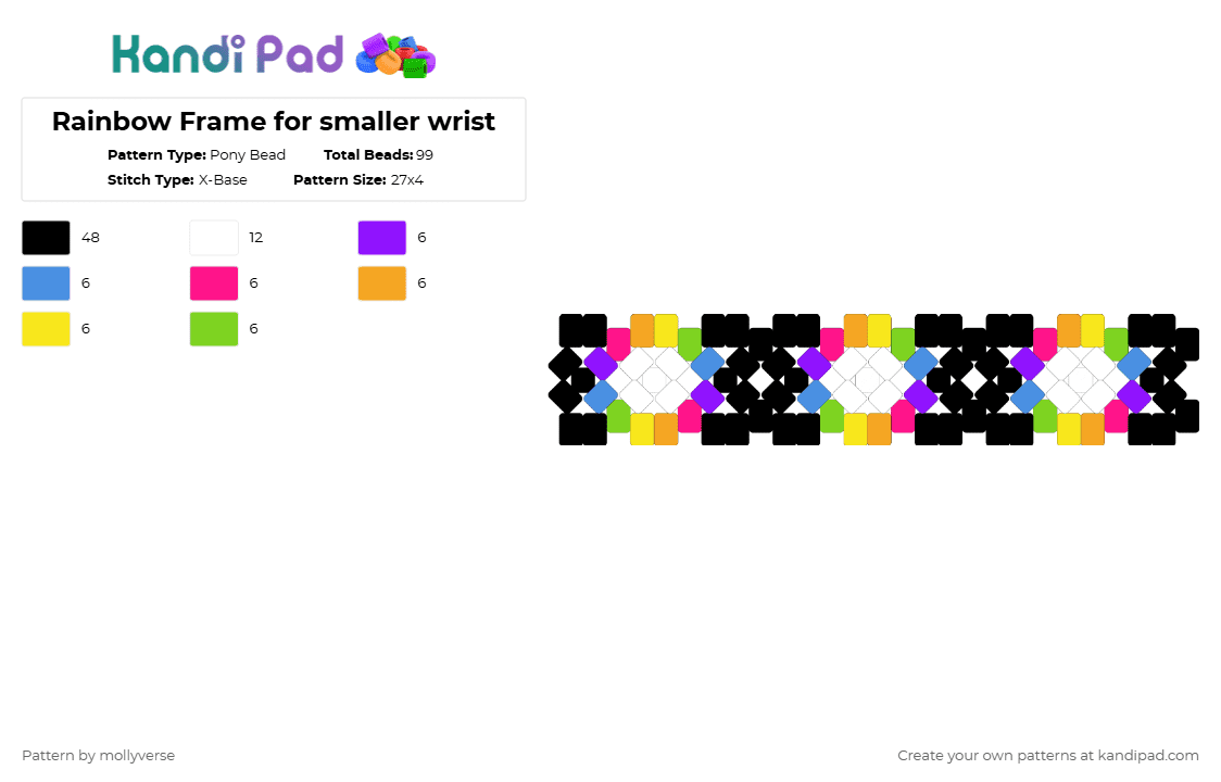 Rainbow Frame for smaller wrist - Pony Bead Pattern by mollyverse on Kandi Pad - black,light blue,orange,green,colorful,rainbow,x base