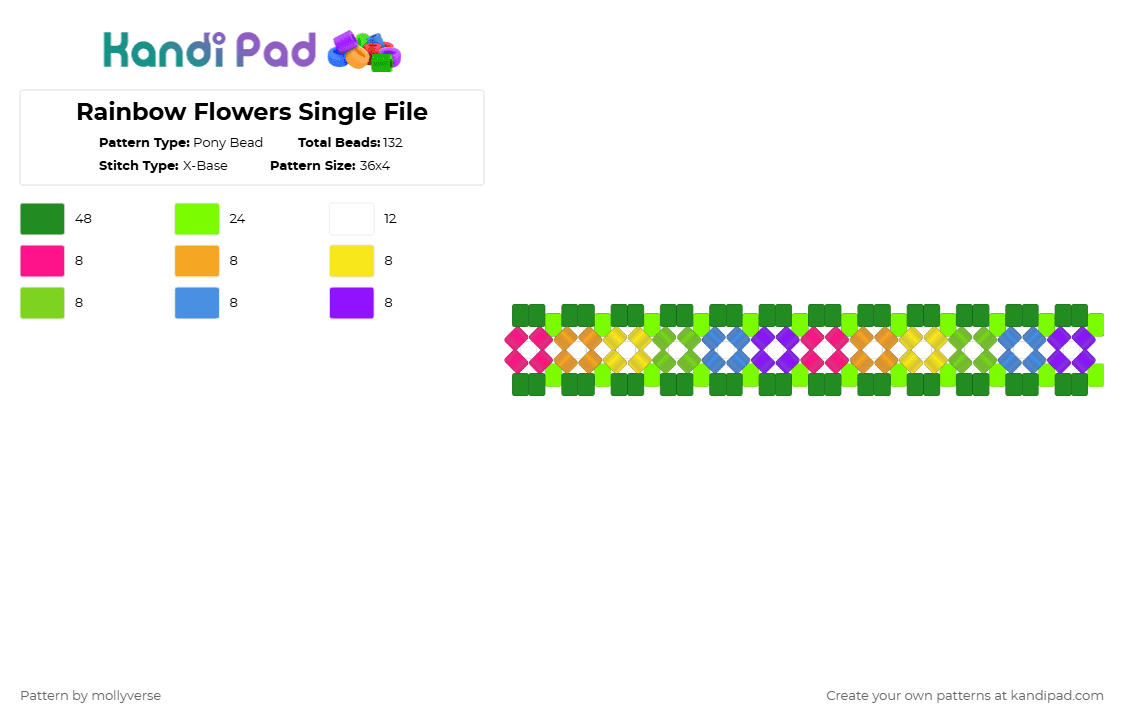 Rainbow Flowers Single File - Pony Bead Pattern by mollyverse on Kandi Pad - green,rainbow,flower,x base