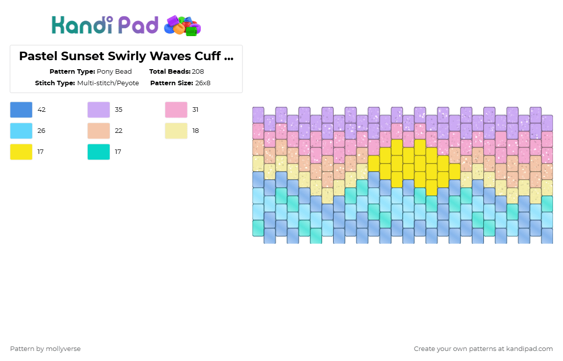 Pastel Sunset Swirly Waves Cuff Smallified for shorter wrists - Pony Bead Pattern by mollyverse on Kandi Pad - pink,light blue,pastel,sunset,waves,multistich