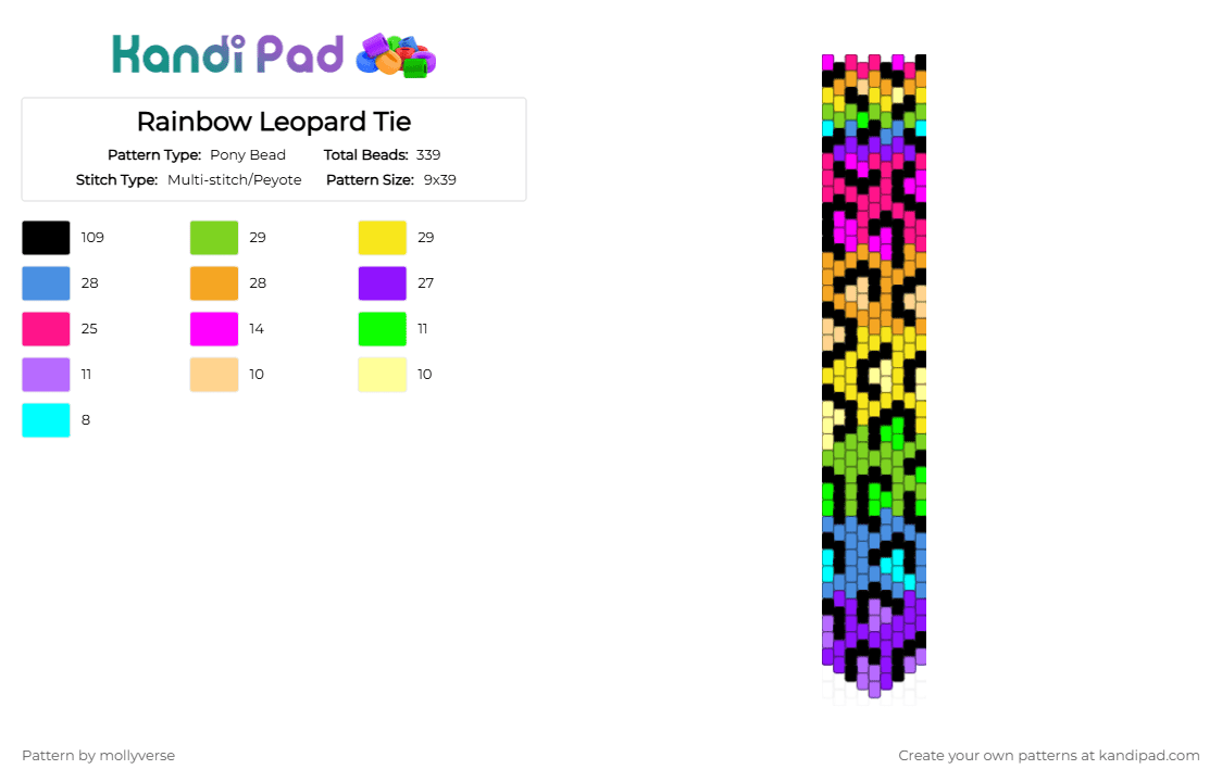 Rainbow Leopard Tie - Pony Bead Pattern by mollyverse on Kandi Pad - pink,yellow,green,light blue,peyote