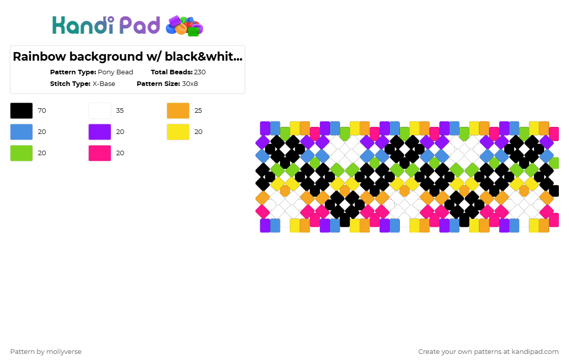 Rainbow background w/ black&white hearts - Pony Bead Pattern by mollyverse on Kandi Pad - colorful, hearts, orange, pink, purple
