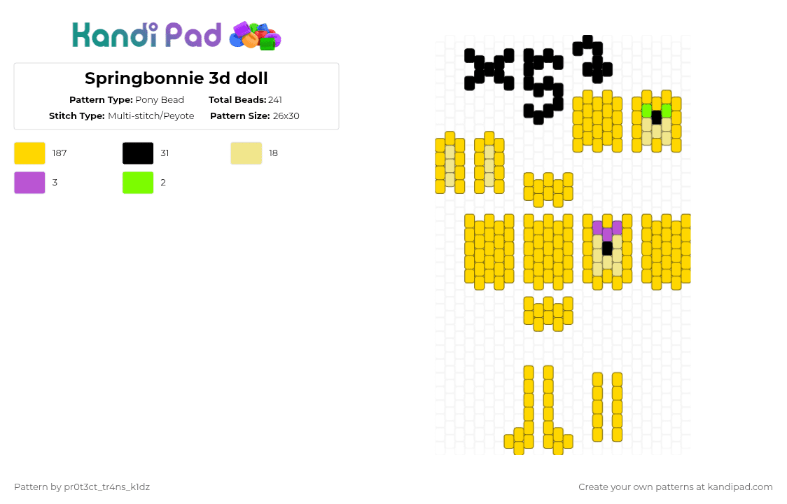 Springbonnie 3d doll - Pony Bead Pattern by pr0t3ct_tr4ns_k1dz on Kandi Pad - yellow