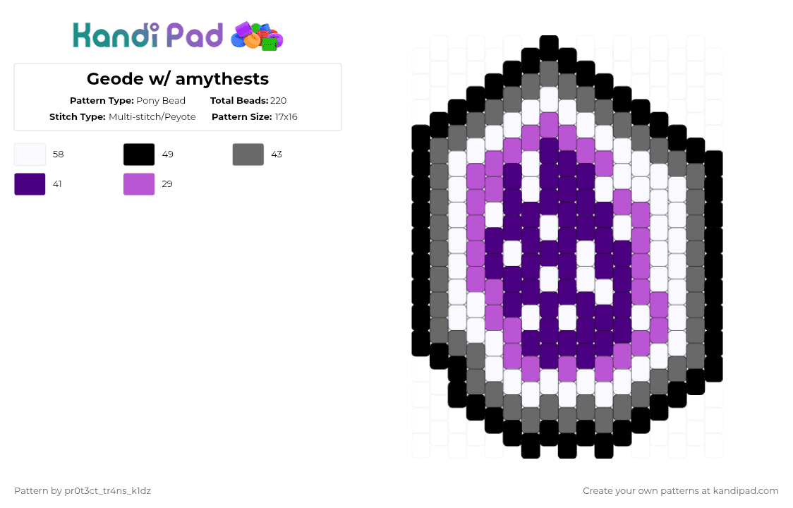 Geode w/ amythests - Pony Bead Pattern by pr0t3ct_tr4ns_k1dz on Kandi Pad - purple,gray,cotdcrystals