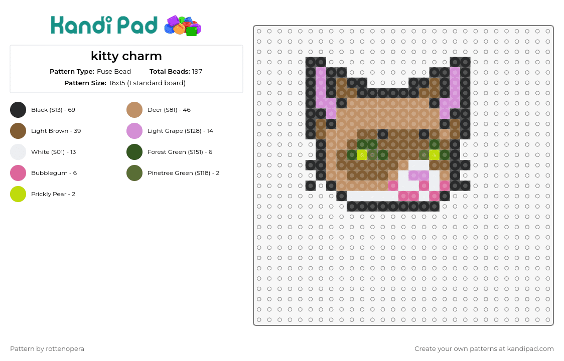 kitty charm - Fuse Bead Pattern by rottenopera on Kandi Pad - cat,kitty,animal,small,cute,charm,brown
